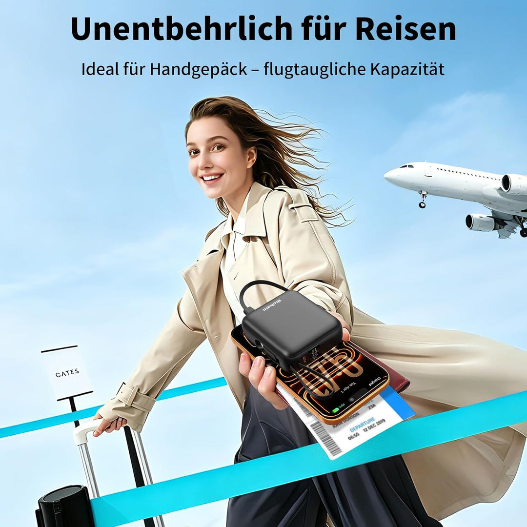 Hichain Power Bank Klein, 10000mAh 22,5W Powerbank USB C Schnellladen mit Integriertem USB-C Kabel,