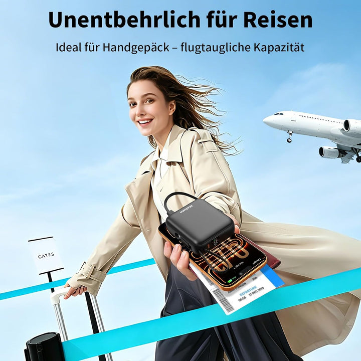 Hichain Power Bank Klein, 10000mAh 22,5W Powerbank USB C Schnellladen mit Integriertem USB-C Kabel,