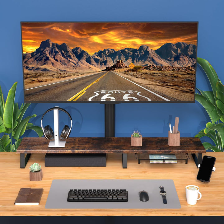 Aothia Vintage Dual Monitorständer aus Holz - Bildschirmerhöhung mit Schublade für Laptop/Computer/P