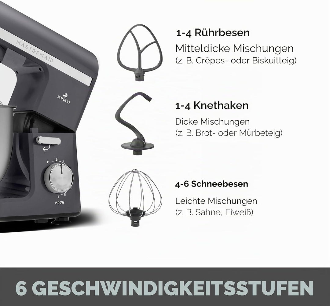 Karaca Mastermaid Chef Pro Double Armed Küche Koch 1500W Space Gray, Glänzend Cream, 1500W, 5 L Mixe