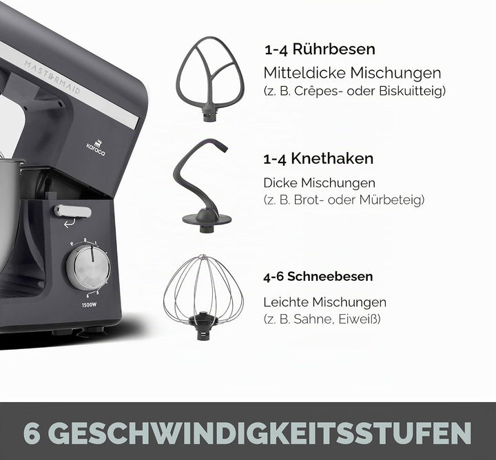 Karaca Mastermaid Chef Pro Double Armed Küche Koch 1500W Space Gray, Glänzend Cream, 1500W, 5 L Mixe