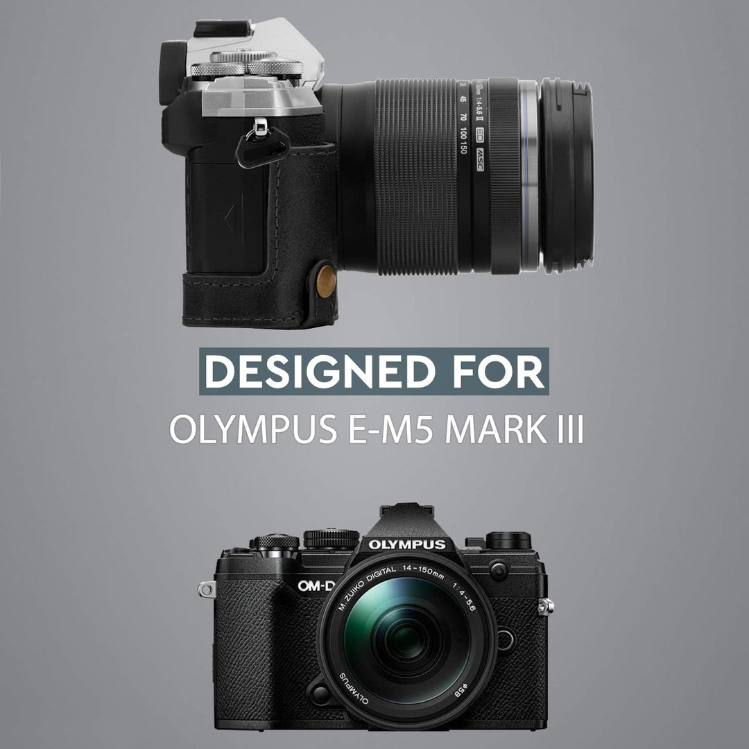 MegaGear MG1864 Ever Ready Kameratasche für Olympus OM-D E-M5 Mark III, Echtleder, Schwarz, Schwarz