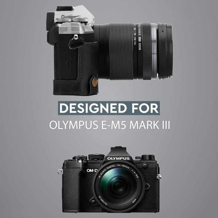 MegaGear MG1864 Ever Ready Kameratasche für Olympus OM-D E-M5 Mark III, Echtleder, Schwarz, Schwarz