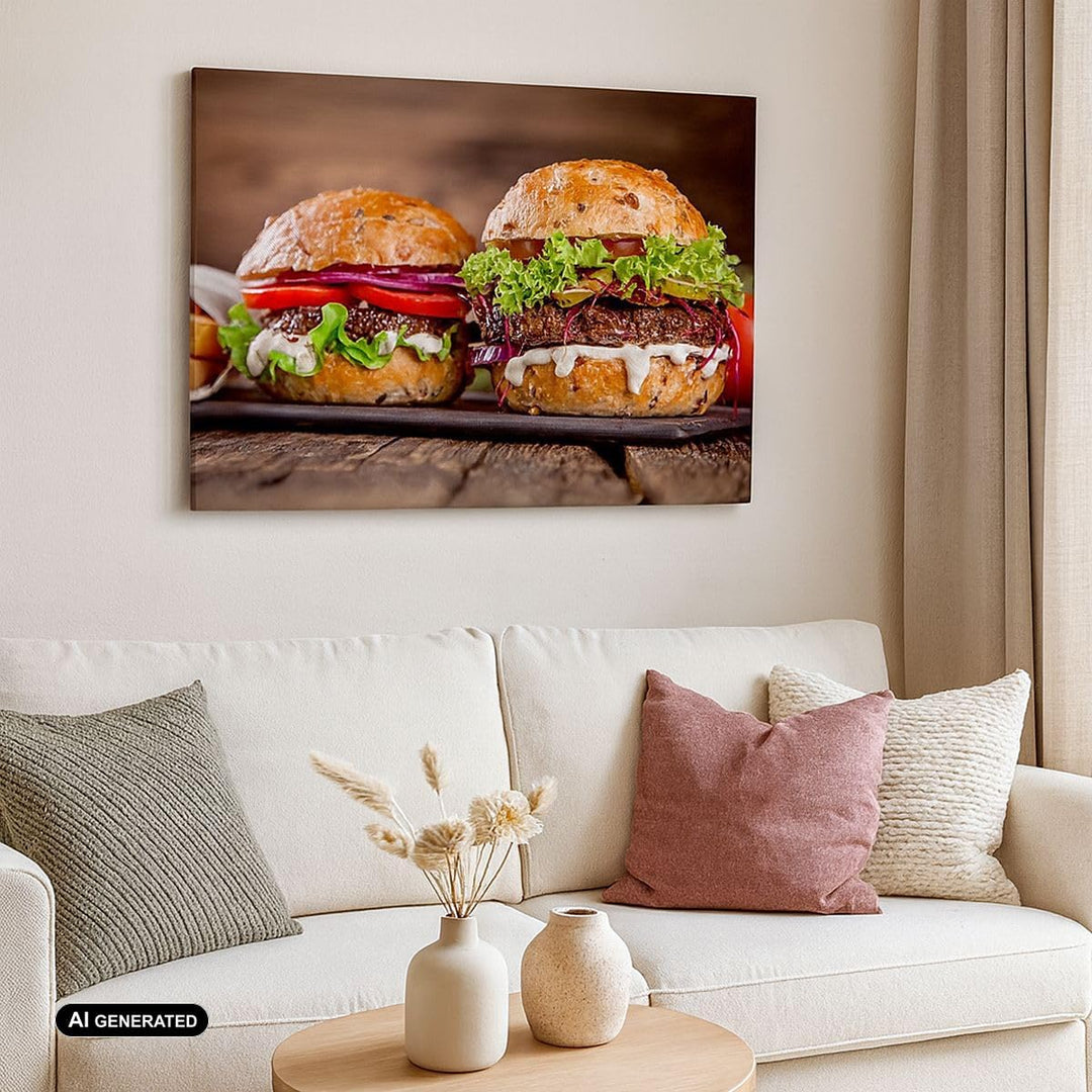 Bilder auf Leinwand 100x70cm Leinwandbild Amerikaner Hamburger Essen Barbecue Gross Wanddeko Bild Sc