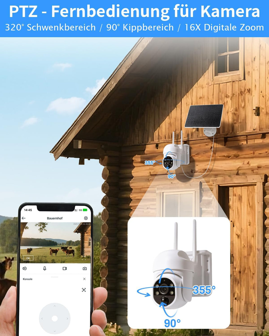 4G LTE Überwachungskamera mit SIM Karte, Outdoor Kamera mit Akku & Solar panel – 2K HD PTZ,PIR Erken