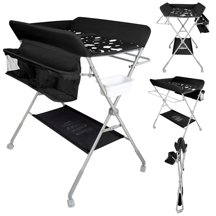Baby Klappbarer Wickeltisch，Mobiler Wickeltisch mit Rollen und Wickelauflage,Wasserdicht und Höhenve