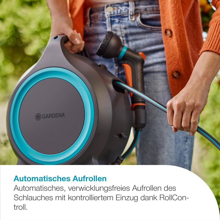 Gardena Mobile Schlauchbox MoveMatic Schlauchaufbewahrung: Ordentlich und tragbar, Einziehbarer Gart