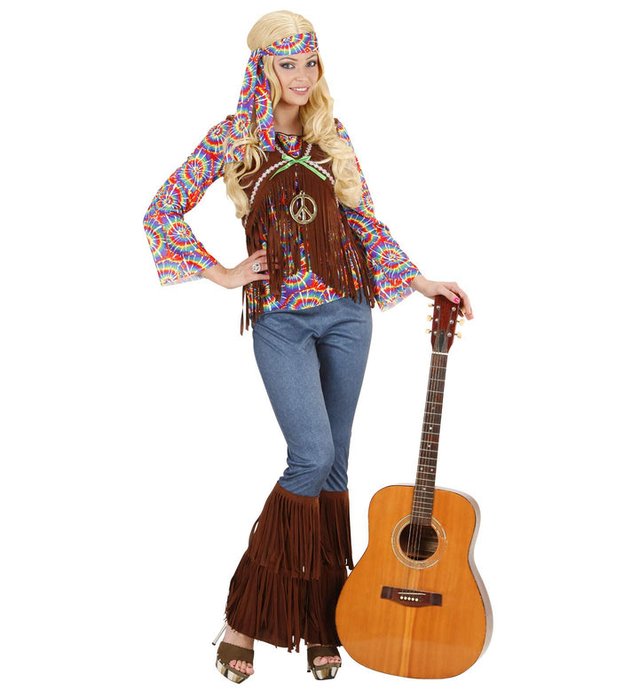 "PSYCHEDELIC HIPPIE WOMAN" (shirt with vest, pants, headband, necklace) - (M), M