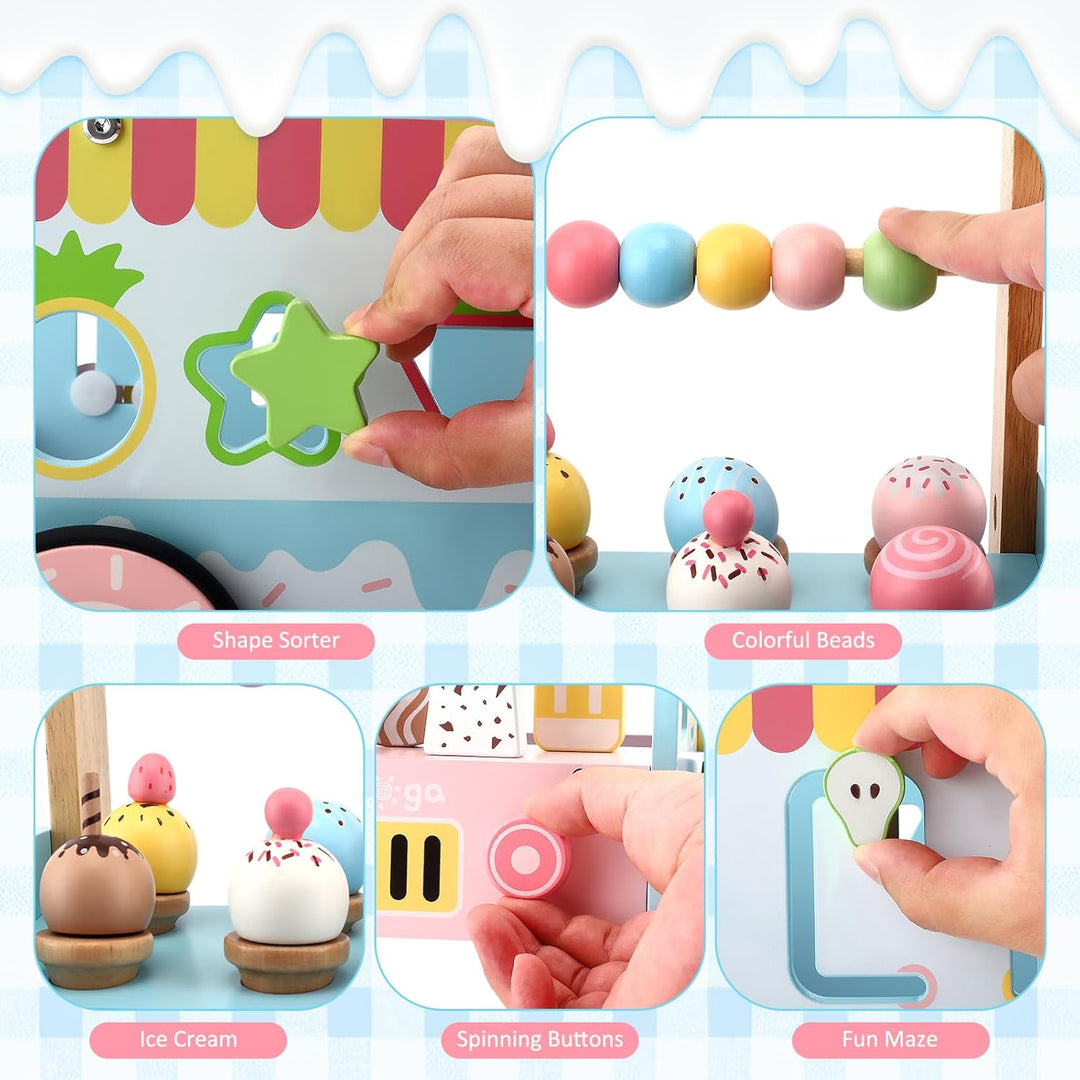 Lauflernwagen Holz, Lauflernwagen im Eiswagen-Thema mit Rädern, Lauflernhilfe Montessori Spielzeug M