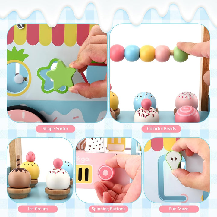 Lauflernwagen Holz, Lauflernwagen im Eiswagen-Thema mit Rädern, Lauflernhilfe Montessori Spielzeug M