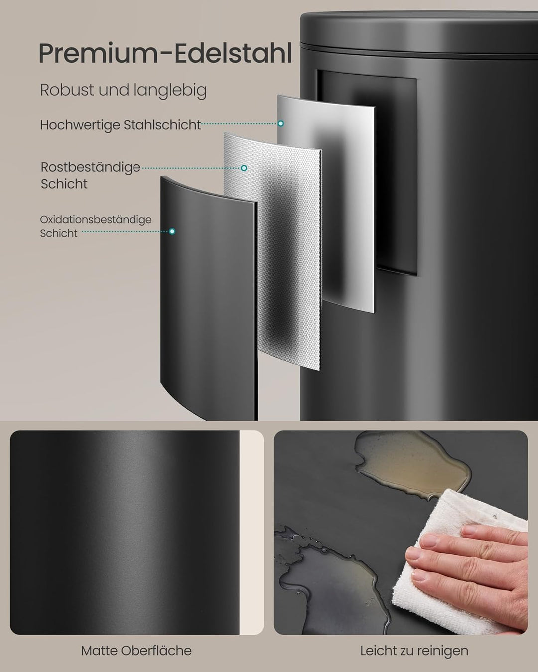SONGMICS Mülleimer Küche, rund, Abfalleimer, 15 Müllbeutel, Tretmülleimer mit Metall-Pedal, herausne