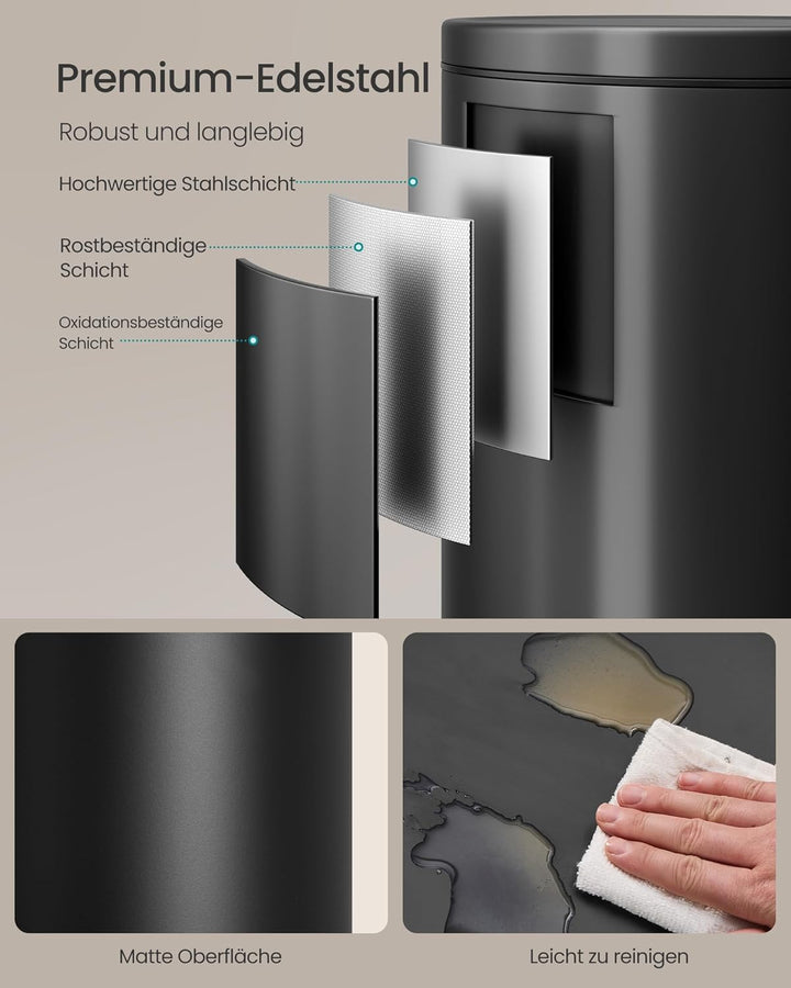 SONGMICS Mülleimer Küche, rund, Abfalleimer, 15 Müllbeutel, Tretmülleimer mit Metall-Pedal, herausne