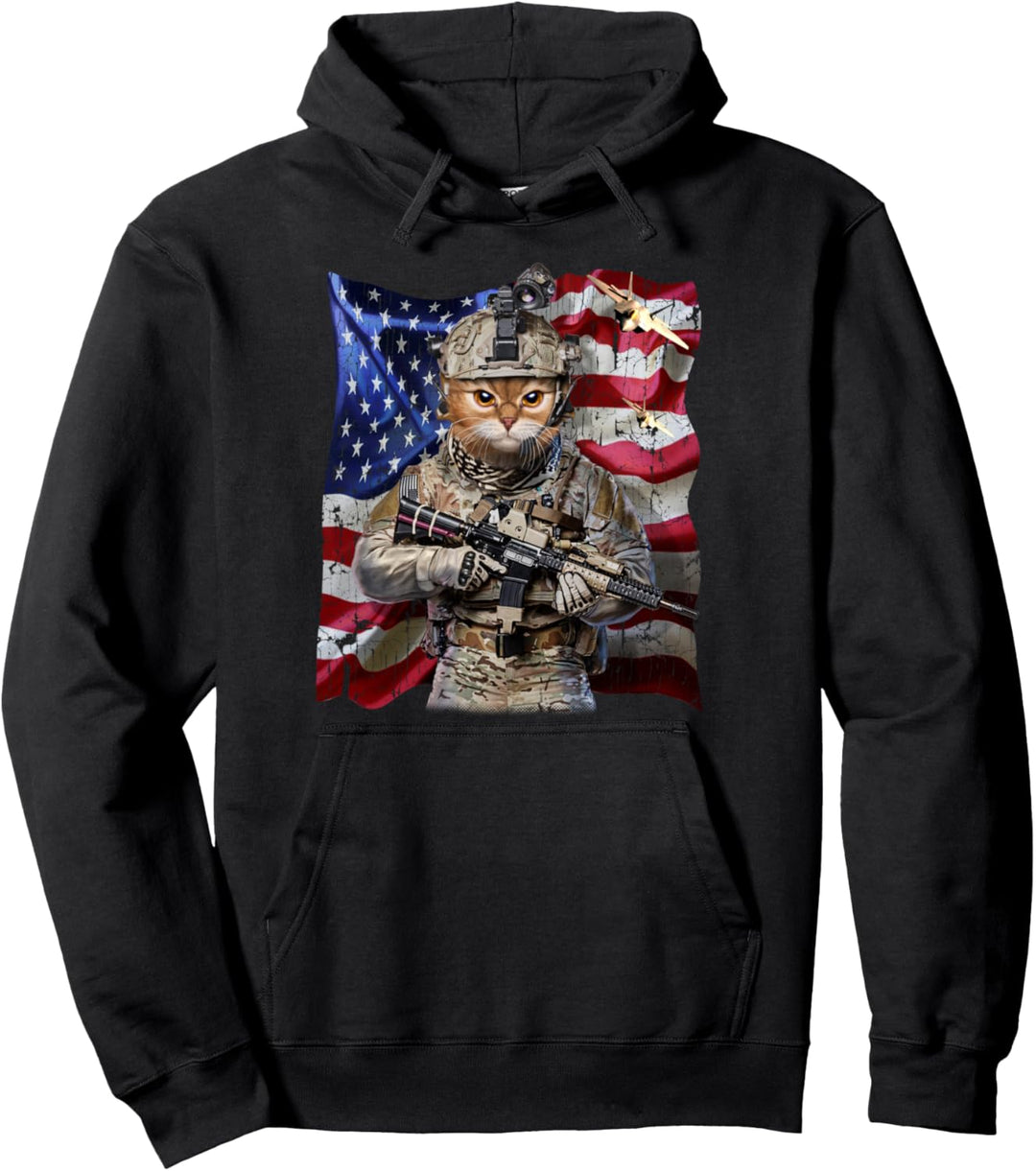 Orange Katze als Infanterist mit Flagge der USA Pullover Hoodie