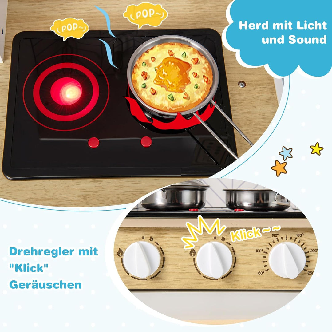 DREAMADE Kinderküche Holz mit Zubehör, Holzküche Mini Küche Kinder Küche mit Herd Ofen Waschbecken,