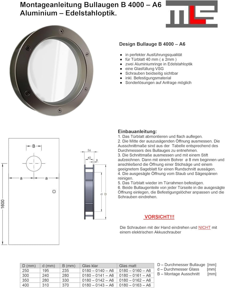 MLS Bullauge B4000, Bullauge für Türen, aus Robustem Aluminium, VSG-Sicherheitsglas, Passend für 40