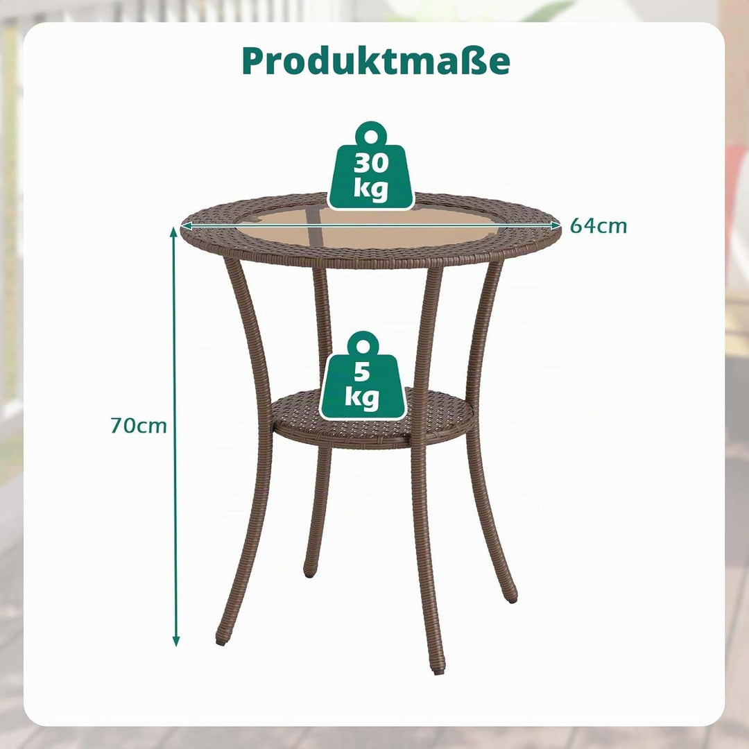 GIANTEX Rattan Bistrotisch Gartentisch, Balkontisch rund Couchtisch 2 Ebenen, Glastisch Terrassentis