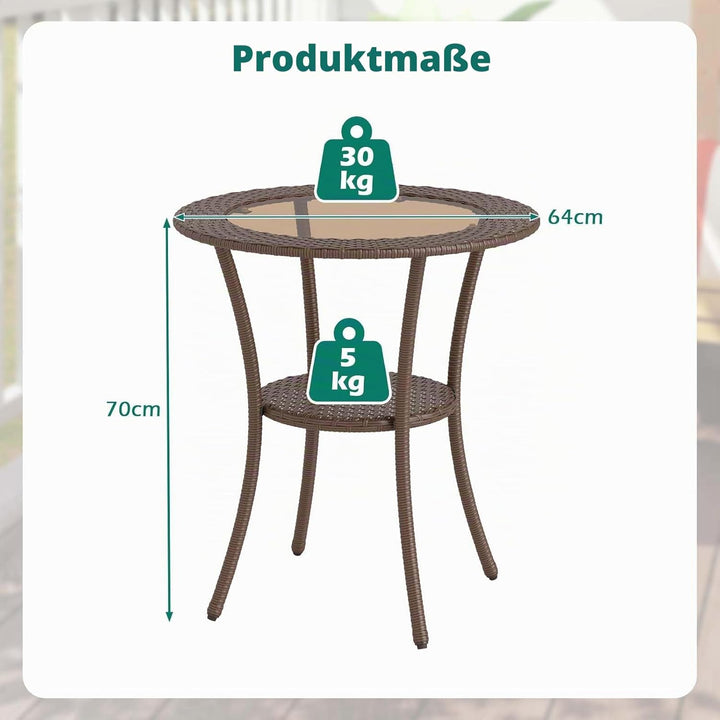 GIANTEX Rattan Bistrotisch Gartentisch, Balkontisch rund Couchtisch 2 Ebenen, Glastisch Terrassentis