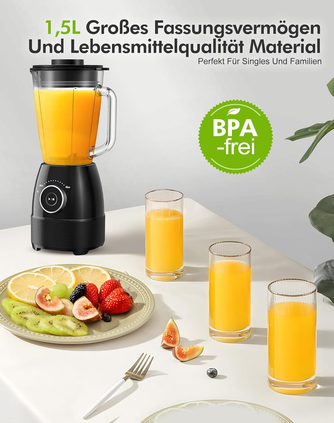 Mixer, Smoothie Maker, Standmixer, 1500 Watt Hochgeschwindigkeits Mixer Smoothie Maker mit 1,5L Glas