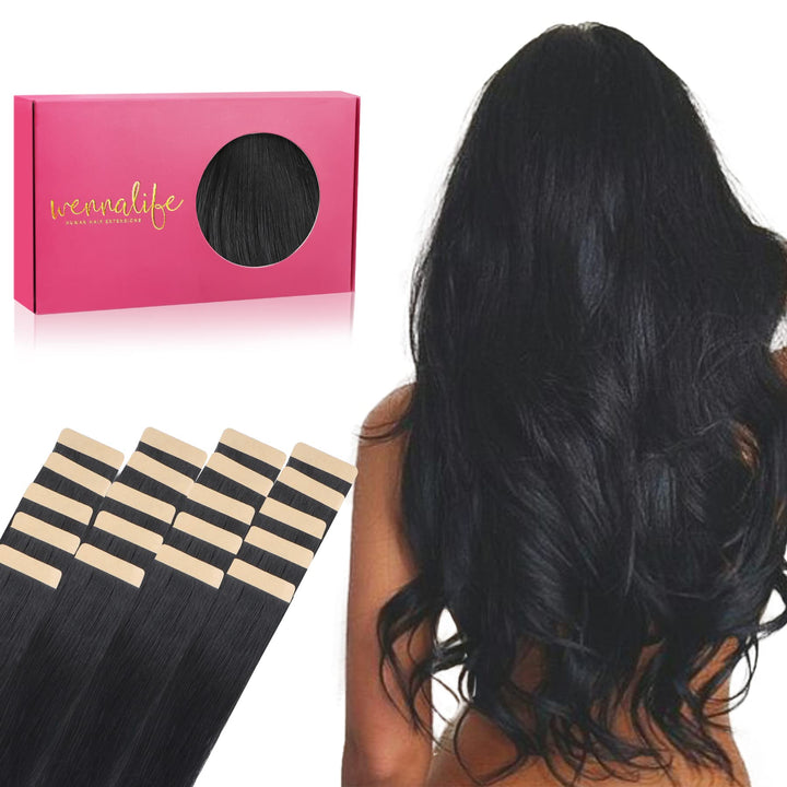 WENNALIFE Tape Extensions Echthaar, 20pcs 50g 60cm 24 Zoll Tief Schwarz Remy Invisible Tape Extensio