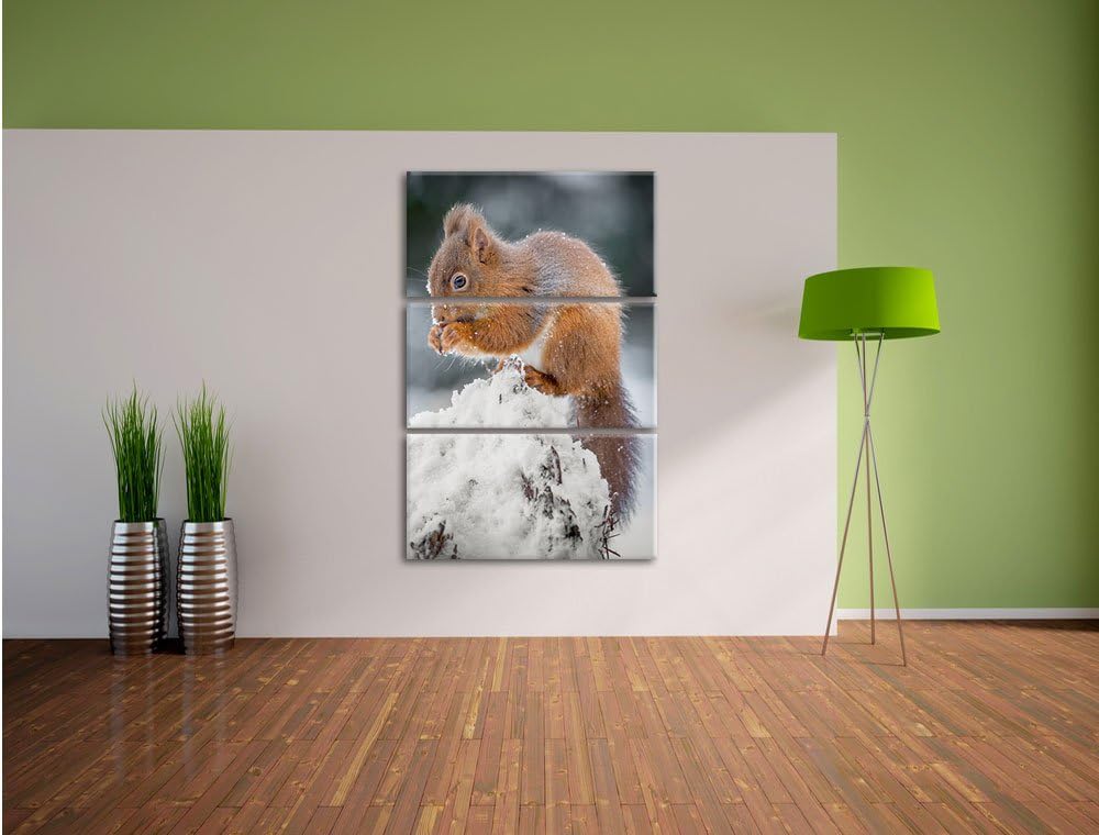 Pixxprint Kleines Eichhörnchen im Winter 3-Teiler Leinwandbild 120x80 Bild auf Leinwand