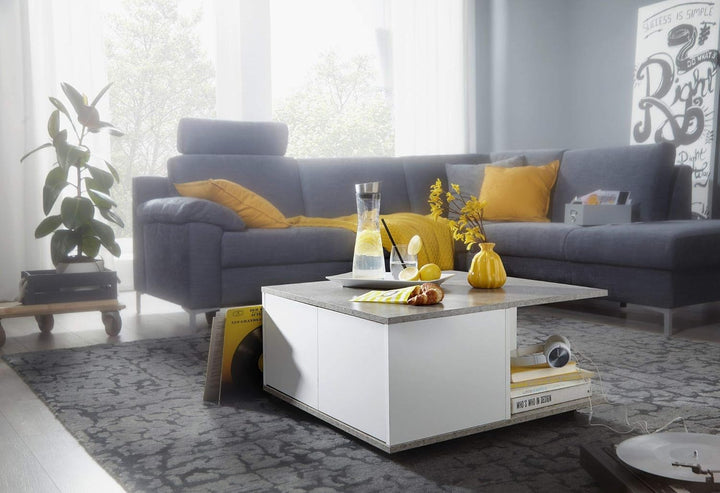 Couchtisch RAPIDO: 70x70x36,5 cm, 2 Schubladen, Rollen, Melaminharzbeschichtung, Weiss/Anthrazit Far