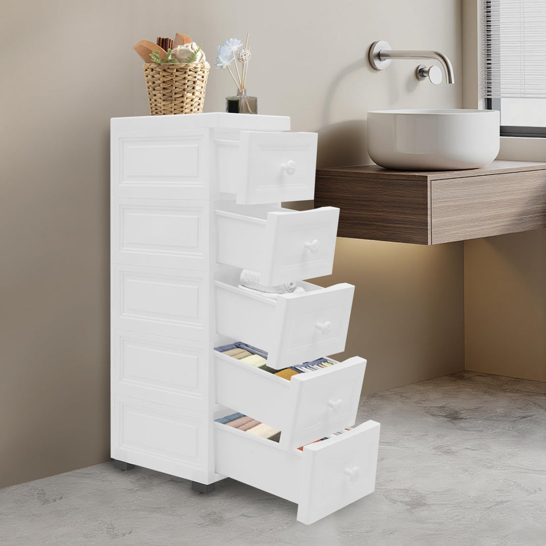Schmaler Schubladenschrank Mit 5 Schubladen, 25 cm Breiter Aufbewahrungsschrank Aus PP Mit Rollen, W