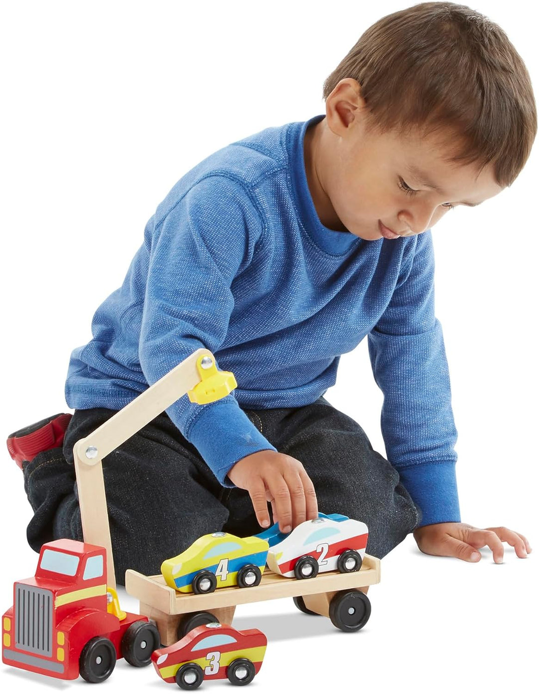 Melissa & Doug - Magnetisches Autotransporter-Spielzeugset aus Holz – (Autos & Lkws, 4 Autos und 1 L