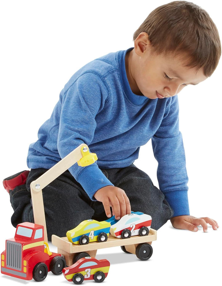 Melissa & Doug - Magnetisches Autotransporter-Spielzeugset aus Holz – (Autos & Lkws, 4 Autos und 1 L