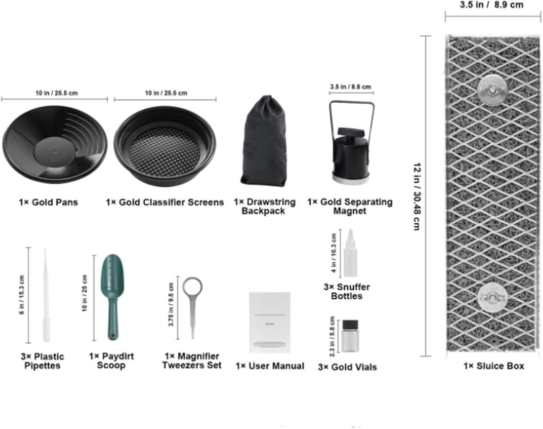 Gold Panning -Kit mit Schleusenbox, Tragbare Prospektionswerkzeuge für Erwachsene, Umfasst Goldpfann
