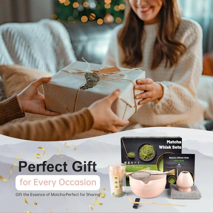 Anei 7 Stück Matcha Set–Schale mit spitzem Rand und Gewinde in Rosa mit Farbverlauf，Matcha Bambus &