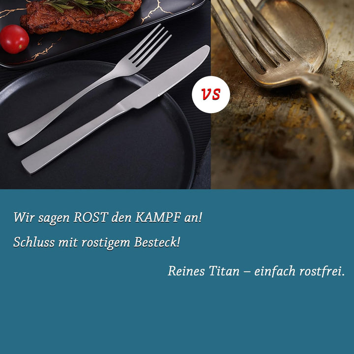 SSGP Titan Besteck Set 3-teilig – Reines Titan Grade 1, Geschmacksneutral & Rostfrei – Mattierte Obe