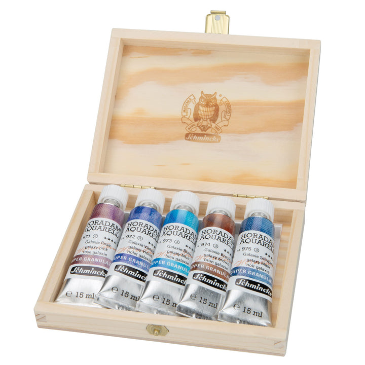 Schmincke – HORADAM® AQUARELL, Super Granulation Set Galaxie, 5 x 15 ml-Tuben, 74 842 097, Holzkaste