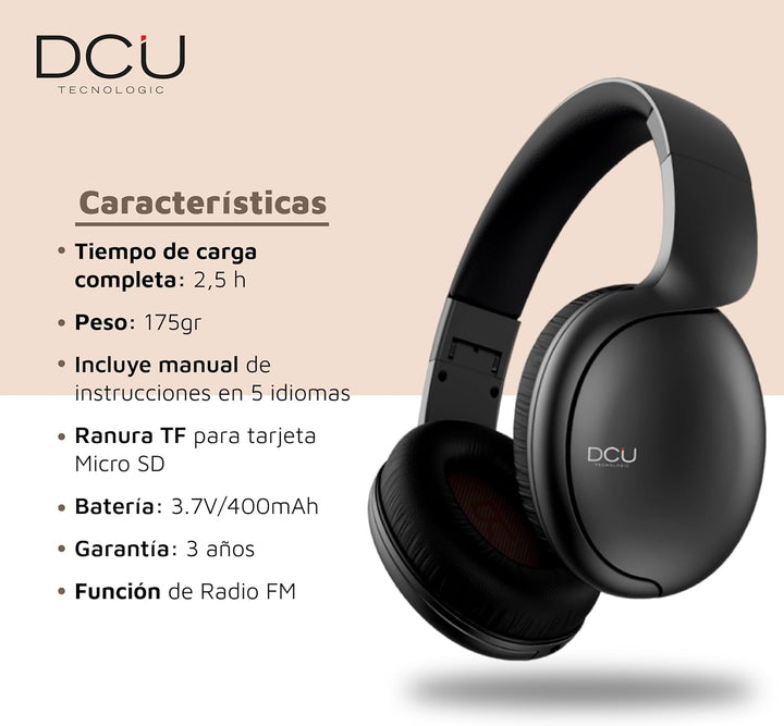DCU TECNOLOGIC | Bluetooth-Kopfhörer, Faltbare Kopfhörer, kabellos und verkabelt, Multifunktion, 8 h