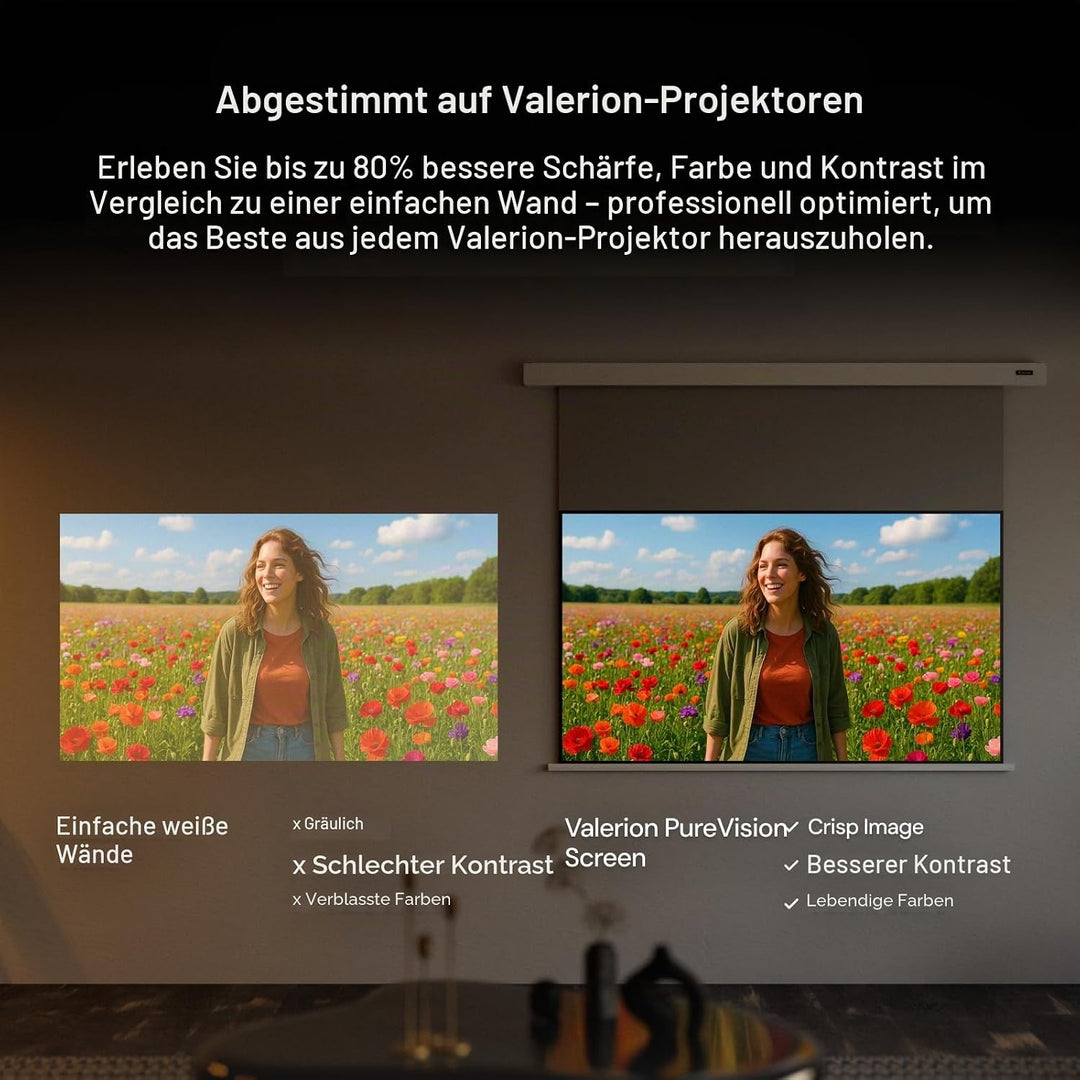 Anti-Speckle Valerion VisionMaster Pro2 4K Triple-Laser-Projektor Bundle mit 120" motorisierter Lein