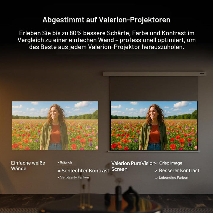 Anti-Speckle Valerion VisionMaster Pro2 4K Triple-Laser-Projektor Bundle mit 120" motorisierter Lein