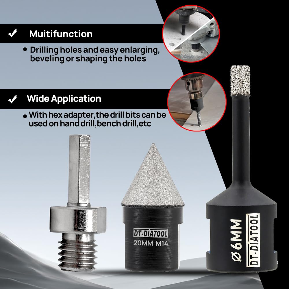 DT-DIATOOL Diamant-Bohrer-Set 6/6mm und 20mm Diamant-Fasenbohrer mit Sechskantadapter für Porzellan