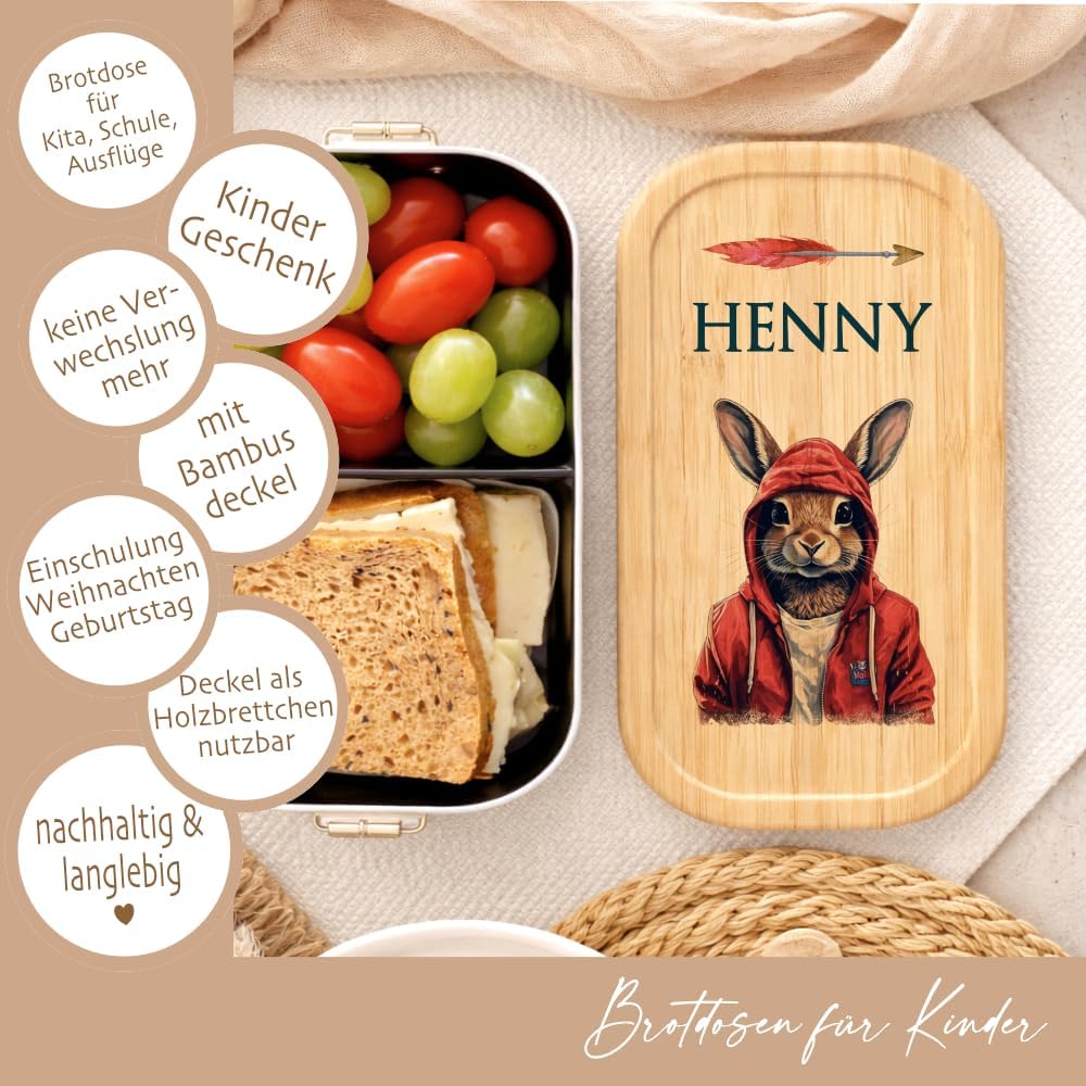 Manufaktur Liebevoll - Personalisierte Brotdose mit Fächern, Edelstahl Lunchbox mit Bambus Deckel u.
