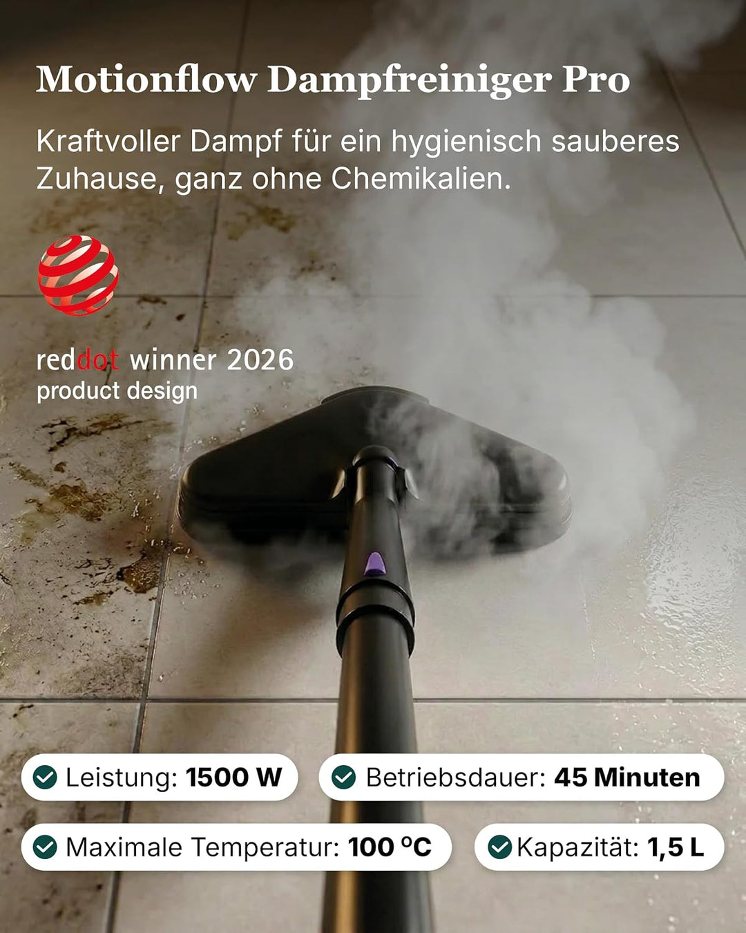Motionflow PRO Dampfreiniger für alles - 1500W Hochdruck Steam Cleaner mit Edelstahlboiler für Polst