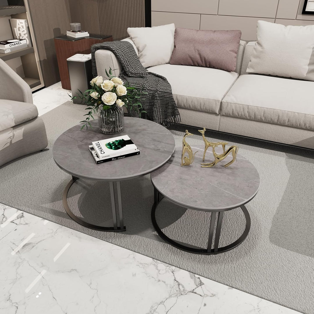 FATIVO Marmor Couchtisch 2er Set, Satztisch Rund Wohnzimmertisch mit schwarz Metallrahmen - Stabiler