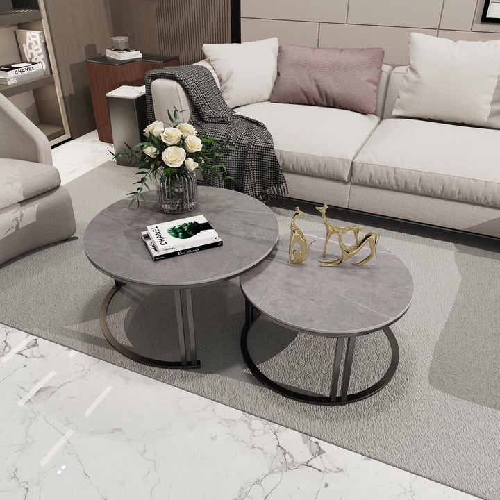 FATIVO Marmor Couchtisch 2er Set, Satztisch Rund Wohnzimmertisch mit schwarz Metallrahmen - Stabiler