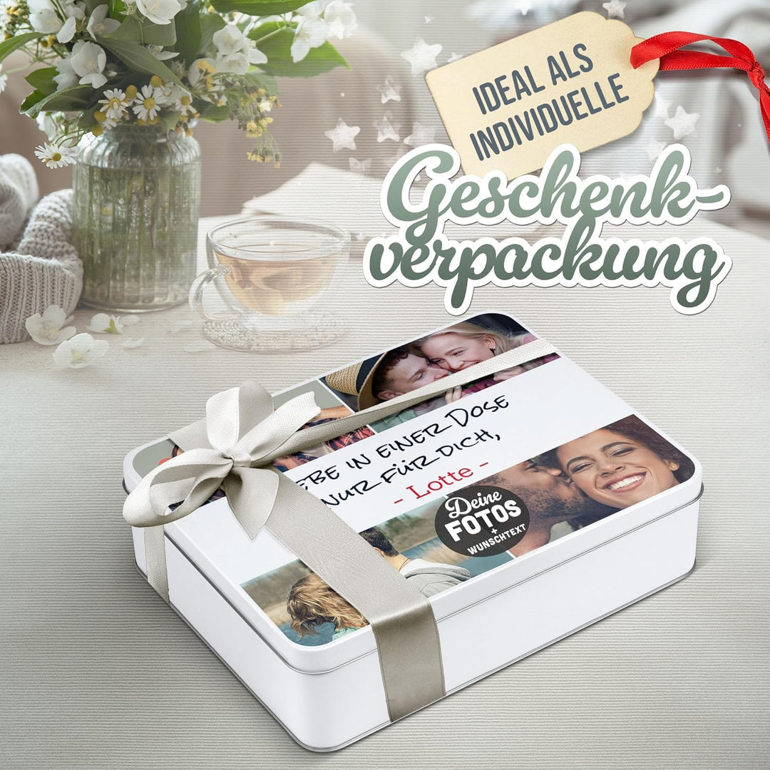 Print Royal PR Geschenkdose selbst gestalten mit 4 Fotos & 3 Zeilen Text - Blechdose bedrucken, Pers