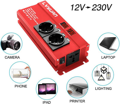 Spannungswandler 12V 230V 1000W/2000W Wechselrichter mit 2 Steckdose und 4 USB LED Spannungsanzeige