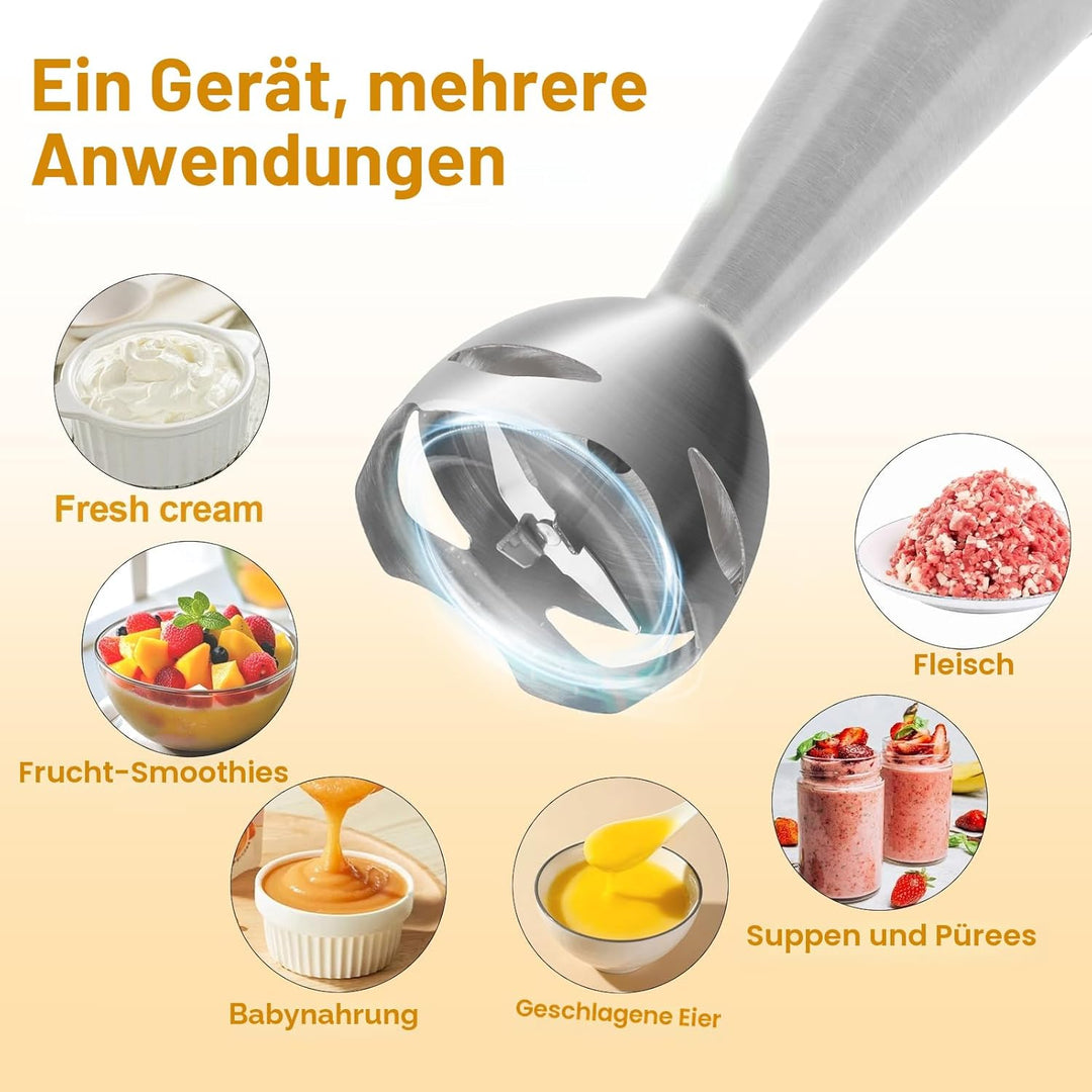 NWOUIIAY Handmixer Stabmixer Elektrischer 6-in-1 1200W Edelstahl Pürierstab mit 600ml Messbecher,Ede
