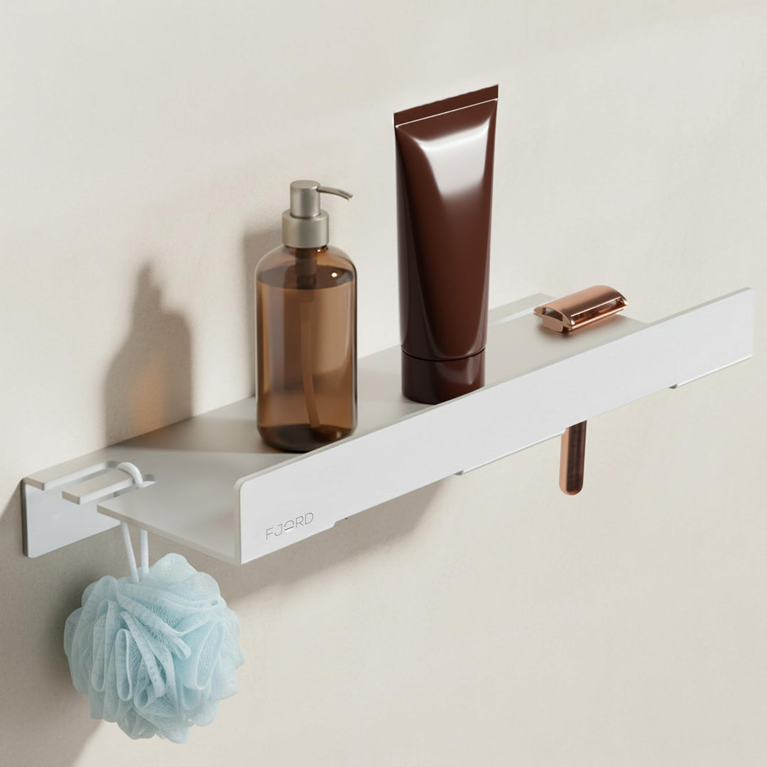 FJORD Flow Premium Duschablage ohne Bohren [Matt Silber] – Design Duschregal mit integriertem Rasier