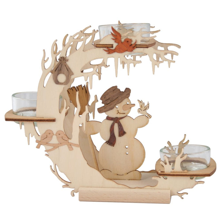 Kuhnert - hochwertiger Teelichtkranz Schneemann für 3 Teelichter - aus Edelholz - 17 x 20 x 5,5cm -