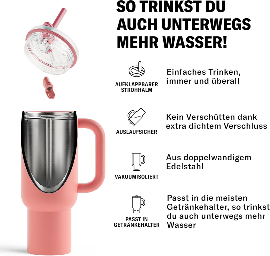 waterdrop® Thermobecher mit Strohhalm 1,1L – Auslaufsichere, robuste Trinkflasche mit aufklappbarem