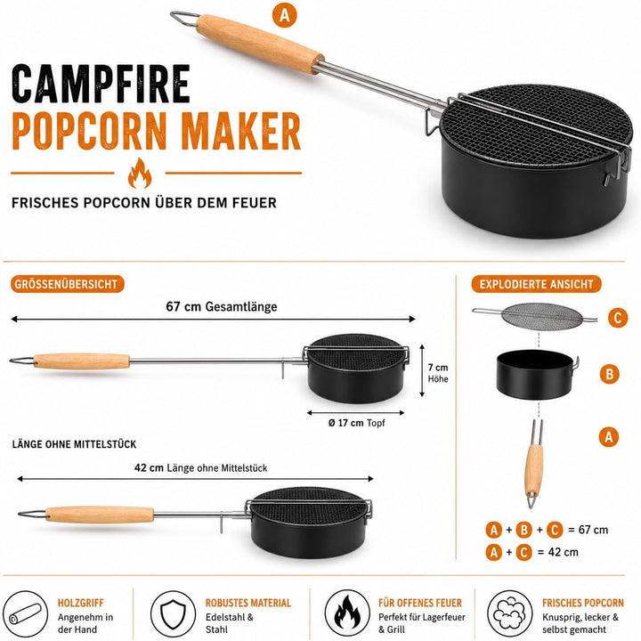 Popcorn Maker für Lagerfeuer, Karbonstahl, Sicherheitsgriff | Outdoor-Popcornpfanne mit hitzebeständ