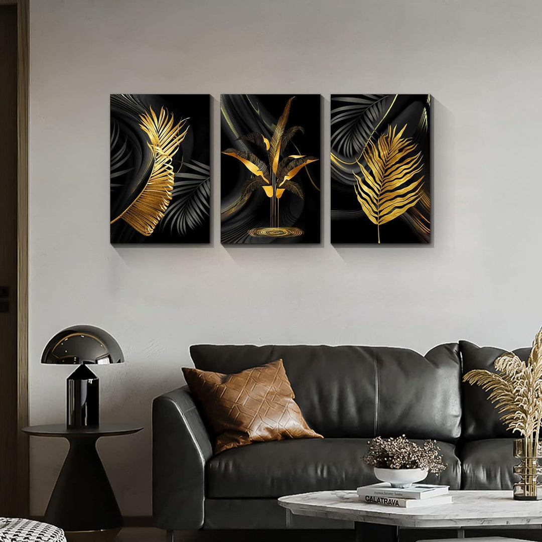3 Teilig Goldenes Blatt Leinwandbilder Bilder Abstrakt Palmblatt Farn botanisch Blätter bild auf lei