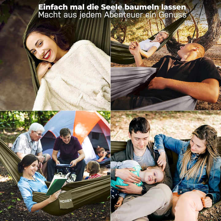 ROBBX® Hängematte Outdoor mit Moskitonetz für 2 Personen | 300kg Traglast | Doppelhängematte mit Bef
