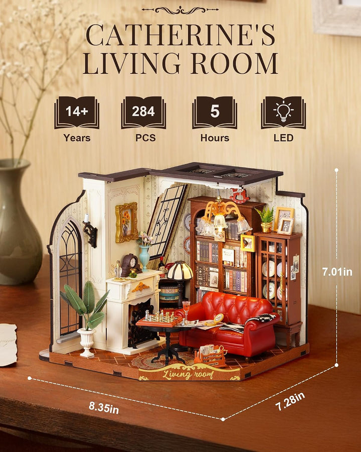 Rolife DIY Miniatur Haus Catherines Wohnzimmer Puppenhaus Bausatz für Erwachsene zum Basteln Miniatu